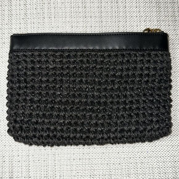 LRL Black Gold Tone Raffia Paper Straw Woven Faux Leather Clutch - Picture 2 of 8